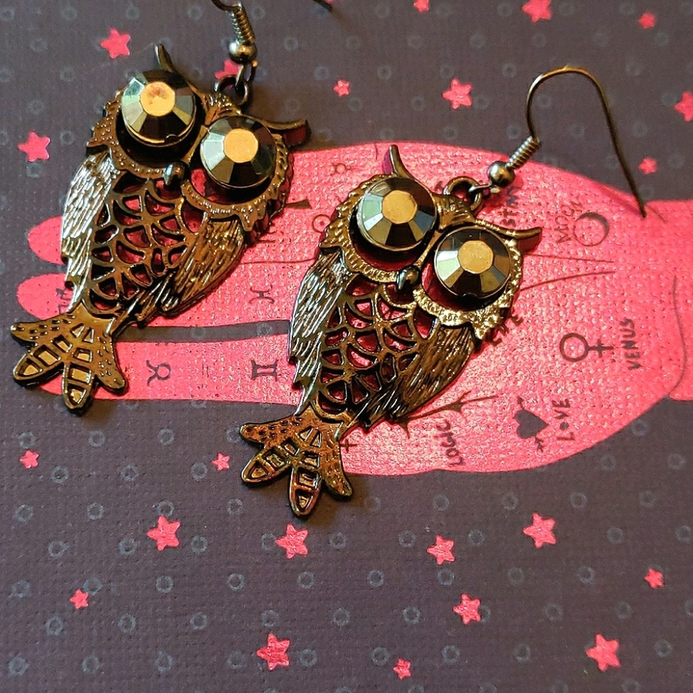 Big Eyes Owl Earrings Gunmetal Rhinestones…